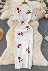 Robe en tricot brodée de fleurs, robe décontractée